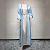 Ropa étnica Vestido de satén Musulmán 2 piezas Abaya para mujeres Frente abierto con cinturón Diamantes Lentejuelas Ramadán interior Marroquí Dubai Turquía Islam