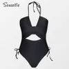 Swim Wear Seaselfie Black Cut Out Halter One-Piece Swimsuit For Women Sexig Drawstring Monokini Swimwear 2023 Beach Bathing Suit Beachwear HKD230628