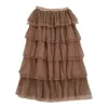 Skirts Korean Mesh Cake For Women A-line Tulle Elastic High Waist Midiskirt Girls Ladies Summer Mid-calf Skirt Drop
