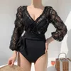 Swim wear AGELICALOV Sweet Puff Seve Ruff Crochet Lace Patchwork Monokini Women Bathing Jumpsuit Swimsuit Beachwear Swimwear One Piece HKD230628