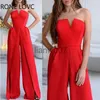 Women's Jumpsuits Rompers Women Elegant Solid Small V Neck Sleeveness Cold Shoulder High Silt Detail Pants Bodycon Staight Red Jumpsuits J230629