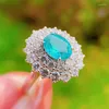 Cluster Anneaux Luxueux Paraiba Saphir Fleur Ovale Diamant Couple Bague Pour Femmes Géométrique Zircone Argent Plaqué Anniversaire Cadeau Bijoux