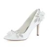 Dress Shoes Sweet Bridal Wedding Heels Pointed Toe Slip On With Lace Flower Pearl White Ivory Champagne Satin Pumps Rhinestones Leaf