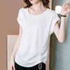 Blusas femininas fashion com decote em O e bandagem solta franzidas blusa de cetim roupas 2023 verão casual pullovers camisa assimétrica