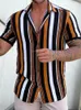 Erkek Gömlekler Hawaii Gömlek Erkekler Yaz Geometrik Şerit Baskı Kısa Kollu Düğme Bluz Üst Gevşek Rahat Nefes Erkek Giyim 230628