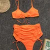Damen-Badebekleidung, sexy Biquinis, 2-teiliges Damen-Bikini-Set mit festem Rüschen, Kordelzug, niedrigem Hals, gepolstertem BH und Slips mit hoher Taille, Sommer-Strand-Bikini-Set