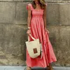 Casual Dresses Women's Square Collar Vintage Plaid Elegant Maxi Summer Ruffle Sleeveless Beach Long Dress Sexy Backless Sundress