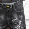 Mens Jeans Black Straight Leg Denim Shorts Punk Style Fashion Dragon Embroidery Hole Pant Street Hip Hop Clothing 230629