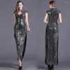 Abbigliamento etnico Abiti da sera con spacco alto di lusso con paillettes argento Abiti da donna Cheongsam da sposa sexy retrò a taglio basso