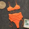 Damen-Badebekleidung, sexy Biquinis, 2-teiliges Damen-Bikini-Set mit festem Rüschen, Kordelzug, niedrigem Hals, gepolstertem BH und Slips mit hoher Taille, Sommer-Strand-Bikini-Set