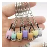 Keychains Lanyards Creative Mini Soffdryck Keychain Milk Tea Beverage Bubble Keyring Moving Liquid Oil Drop Decompression KeyFob DHPTI