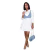 Летняя новая женская мода Повседневная джинсовая комбинированная юбка Белое платье Юбка с длинным рукавом Свободный корабль