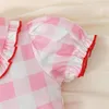 Vestidos de menina infantil manga curta estampa xadrez patchwork para 3 a 24 meses