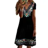 Vestidos Casuais Estampados Bohemia Vestido Médio Irregular Decote em V Verão Estilo Étnico Moda Europeia Streetwear Respirável Para Férias de Fim de Semana