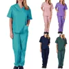 Dames Tweedelige broeken Werkkleding Scrubuniform Top Set Effen Kleur Elasticiteit Uniseks V-hals Zakken Sneldrogend Uniformen Voor Werken