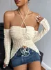 Kadın Bluzlar Kadın Katı İpli Dantelli Ön Dokulu Üst Boyundan Bağlamalı Straplez Bluz Uzun Kollu Sonbahar Bahar Beyaz Rahat