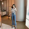 Jeans pour femmes dentelle bowknot côté fente maigre femmes évasées mode coréenne douce taille moyenne bottes coupe denim pantalon kawaii fille pantalon court