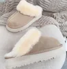 Vrouwen Echt Lederen Slipper Pluizige Winter Warm Huis Platform Geen Achter Elastische Riem Slippers Kastanje Dikke Bodem Sliders