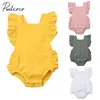 Rompertjes Merk born Peuter Kinderen Baby Meisjes Romper Ruches Korte mouw Effen Ruglooze Riem Jumpsuits Katoen Effen Playsuit 230628