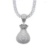 Chains Silver Color Money Bag Pendant Necklace With Tennis Rope Chain Iced Out Bling Cubic Zirconia Charm Hip Hop For Men Jewelry