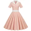 Casual Dresses 1950s 1960s Summer Women's Dress Lapel V-neck Short Sleeved Belt Solid Color Retro Large Swing Stage Party