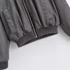 Kvinnorjackor 2023 Kvinnor Stativ Collage Lång ärm Loose Casual Pu Leather Bomber Jacket Faux dragkedja