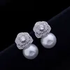 Luxuriöse natürliche weiße Perlen-Kamelienblüten-Ohrstecker, zarte, glänzende weiße österreichische Kristall-Blumenkugel-Perlenohrringe für Frauen, Braut, Hochzeit, Schmuck, Drop Ship A