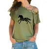 Vrouwen T Shirts 2023 Mode Wildflower Paard Print Vrouwen T-shirt Dames Casual T-shirt Zomer Onregelmatige Skew Cross Bandage tops