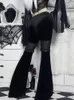 Women's Pants 2023 Gothic High Waist Y2K Velvet Summer Mesh Patchwork Grunge Street Vintage Black E Girl Leg Belted Flared