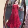 red Mermaid Prom Dresses Sleeveless long sleeve 3D Lace Appliques Sequins Beaded sweep train Celebrity Formal Plus Size Custom Made Feather Train Evening Dresses