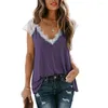 Camicette da donna 2023 Moda Donna Estate Scollo a V Senza maniche Rappezzatura in pizzo Maglia T-shirt allentata Top Donna Casual Beach Tee