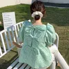 Bluzki damskie słodkie kobiety eleganckie łuk okrągły szyja kwiecisty retro luźne rękawy zaczepne mody koszulki Summer Cute Girls Green Tops