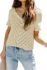 Women's Blouses Solid White V Neck Eyelet Knitted Top With Scalloped Trims Women Fashion Short Sleeve Elegant Casual Loose Pullover Tee Tops