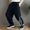 Pantalones activos Primavera Hombres Pantalones de chándal Lino Embroid Suelto Secado rápido Pierna ancha Bloomer Baggy Running Jogger Entrenamiento Casual Gimnasio Pantalón Ropa deportiva