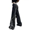 Kadın Kot Sonbahar Bayan Siyah Pantolon Gevşek Rahat Görünümlü Ince Düz bacak Dantel Paneller Şerit Zincir Kadınlar Için Streetwear