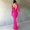 Casual Dresses Sexy Deep V-Neck Ruched Solid Maxi Dress Body-Shaping Long Sleeve Elegant Evening Party Vestido 2023 Summer Classic Prom Robe