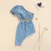 Kläder set ma baby 1 5y barn flickor kläder sommar en axel skörd toppar kjol blå denim kläder barn kostymer dd43 230630