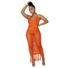 Work Dresses Adogirl Women Sexy Tassel Knitting Holiday Beach Suit Mesh Hollow Out Two Piece Set Swimsuit Cover Up Halter Bra Top Maxi Skirt