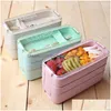 Lunch Boxes Bags Kitchen 900Ml Microwave Box Wheat St Dinnerware Food Storage Container Children Kids School Office Portable Bento D Dh0Lp