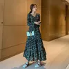 Casual Dresses Korean Style Retro Long Women Party Slim Print Chic Black Dress High Printing Boho Vintage Flower Clothing 2023