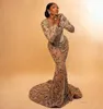 Aso Ebi Gold Mermaid Prom Dress Perbed Lace Lace Evening Formal Fête Deuxième réception Anniversaire Bridesmaid Engagement Robes Robe de Soiree