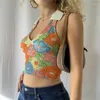 Regata feminina Ekaliy Sexy sem costas com estampa de flores Regata sem mangas decote em V Plissado Crop Top Y2K Streetwear Verão fino roupas femininas