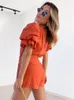 Survêtements pour femmes col montant cravate coton lin Orange femmes Shorts ensemble été 2023 ceinture Rose rouge décontracté mode costumes deux pièces tenue