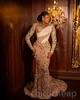 Aso Ebi Gold Mermaid Prom Dress Perbed Lace Lace Evening Formal Fête Deuxième réception Anniversaire Bridesmaid Engagement Robes Robe de Soiree