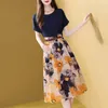 Robe deux pièces Été rétro élégant 2 pièces ensemble femmes T-shirt haut a-ligne jupes florales costume deux pièces ensembles bureau dame grande taille vêtements 230629