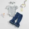 Kläder set ma baby 0 24m småbarn spädbarn född baby flickor kläder stickade bow romper jeans denim flare byxor sommarkläder d10 230630