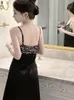 Casual Kleider Schwarz Sexy Pailletten V-ausschnitt Spaghetti-trägern Frauen Sommer 2023 Backless Mode Elegante Abend Prom Kleid Hohe Taille Schlank