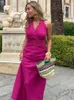 Abiti casual Rose Red Halter Backless Dress Donna Elegante senza maniche con scollo a V Vita alta Moda femminile Abiti con lacci