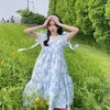 Casual Dresses Korean Summer Kawaii Sweet Soft Girly Cute Jacquard Dress Square Collar Bandage Bow Sleeveless Folds Camisole