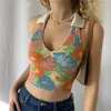 Regata feminina Ekaliy Sexy sem costas com estampa de flores Regata sem mangas decote em V Plissado Crop Top Y2K Streetwear Verão fino roupas femininas